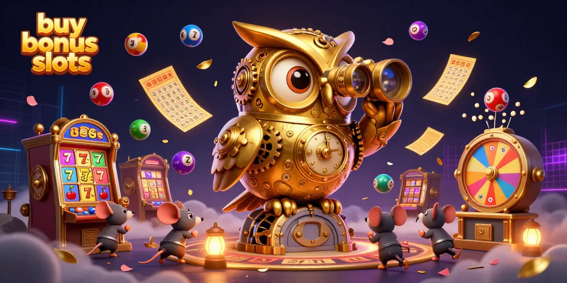 Engage with buy bonus slots featuring a mechanical owl amid vibrant casino elements and lively atmosphere.