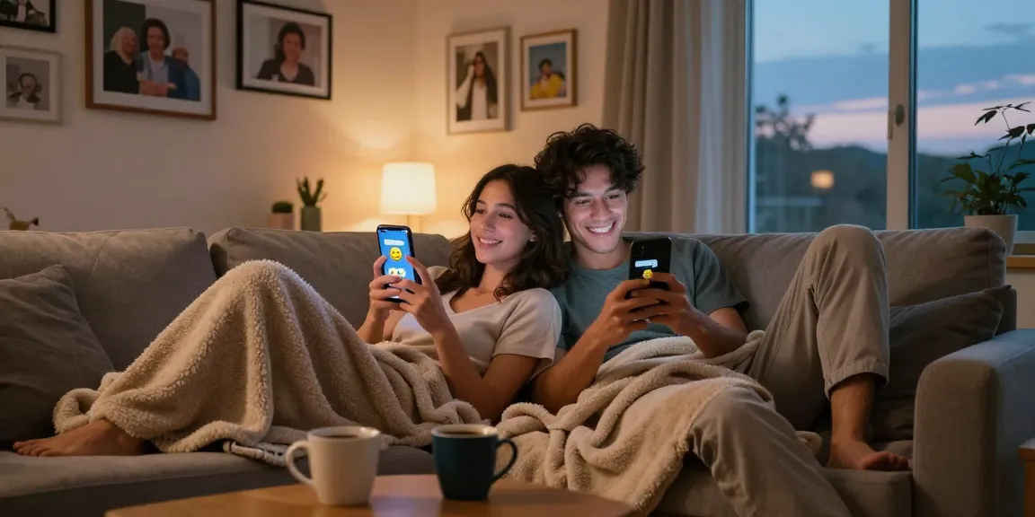Couple sexting AI in a cozy home setting, enjoying intimate connection.