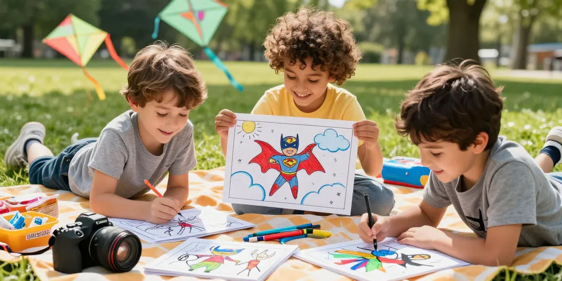 Engaging scene of kids coloring superhero coloring pages in a sunny park.