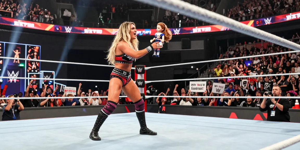 Alexa Bliss engaging with fans in the WWE arena, showcasing her wrestling persona and vibrant atmosphere during a live event.