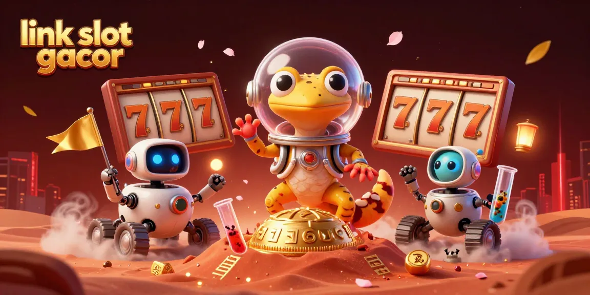 Engage with the thrilling link slot gacor through an energetic scene featuring a Martian gecko and casino elements.