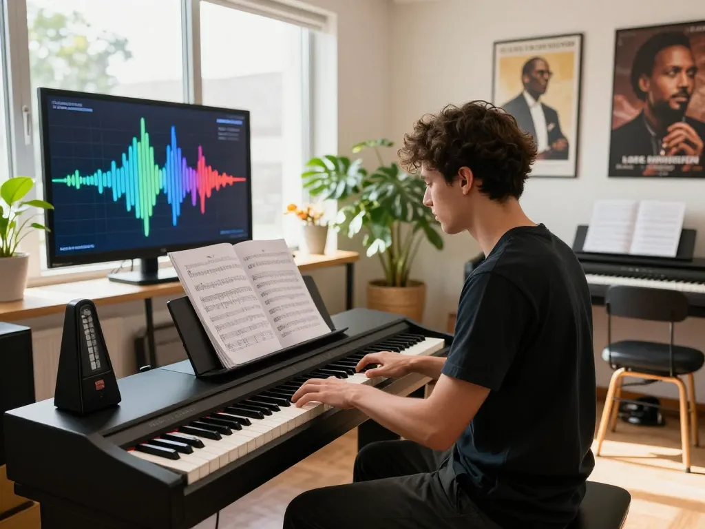 Excited pianist playing the go 88 Roland digital piano in a bright studio