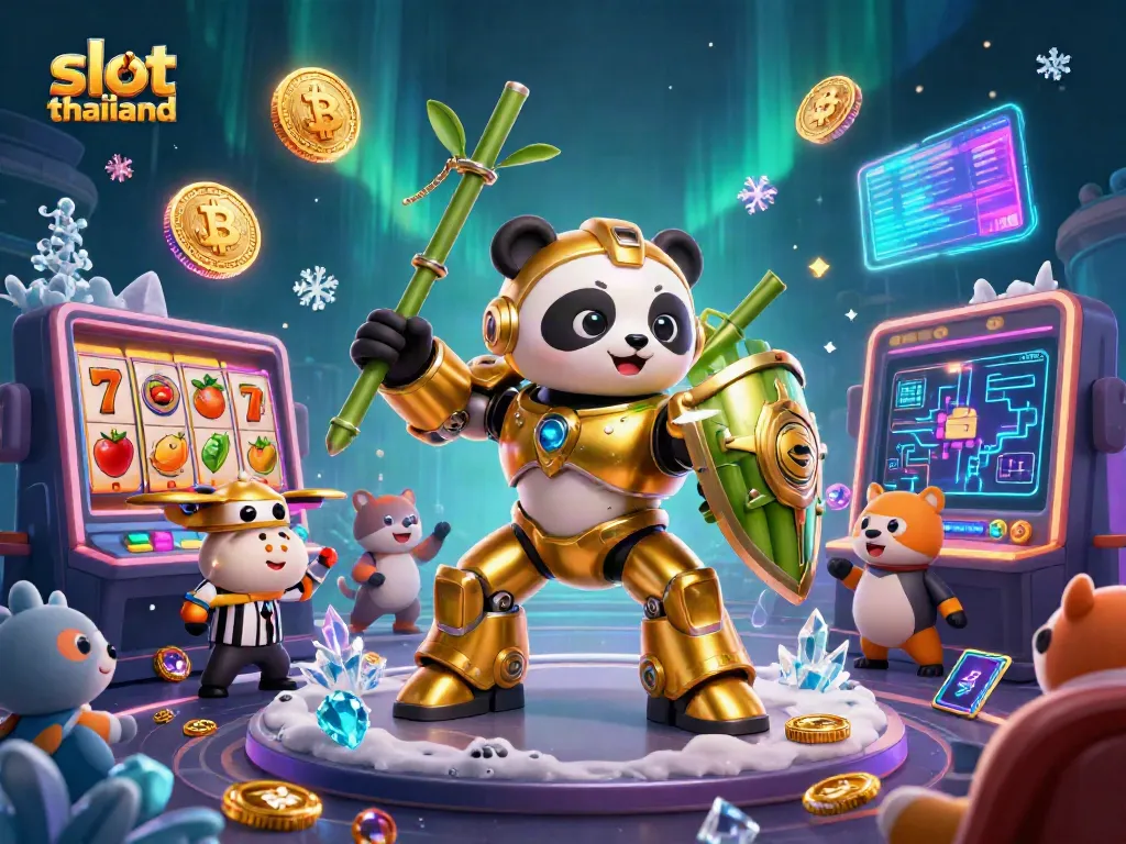 Engaging scene illustrating slot thailand with a mech-suit golden panda in a lively casino atmosphere.