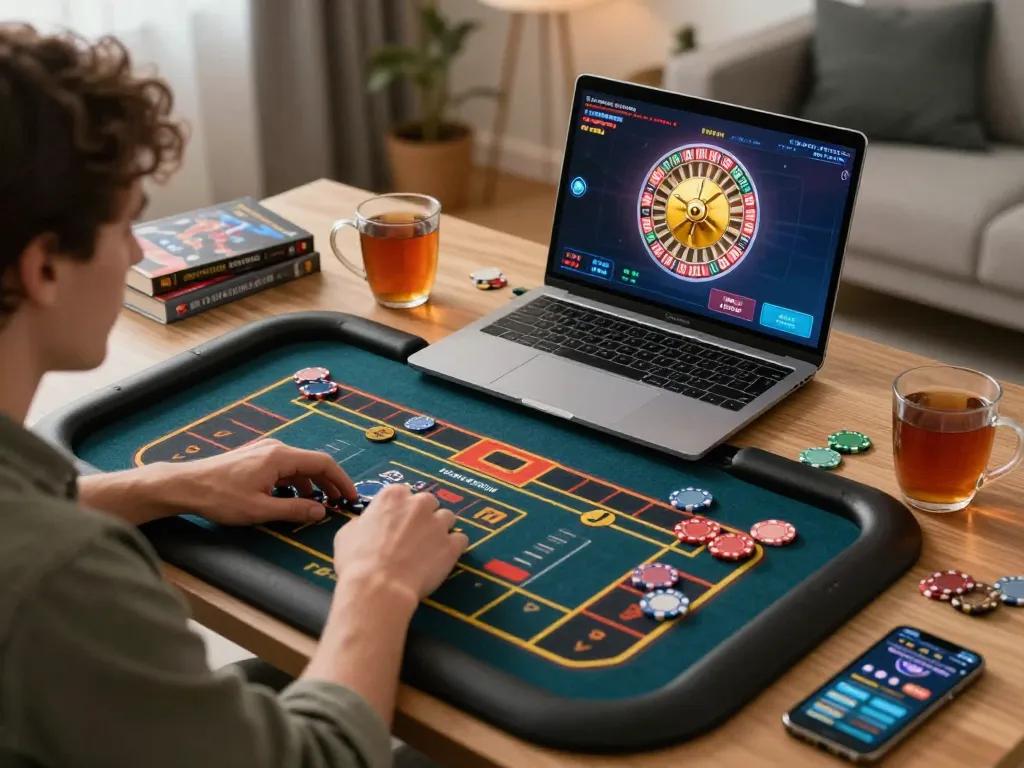 Player enjoying roulette on Paris888, showcasing online gaming excitement in a cozy setting.