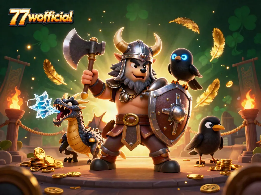 77wofficial highlights thrilling gaming action with a Viking wolf warrior, dragon, and vibrant casino elements.