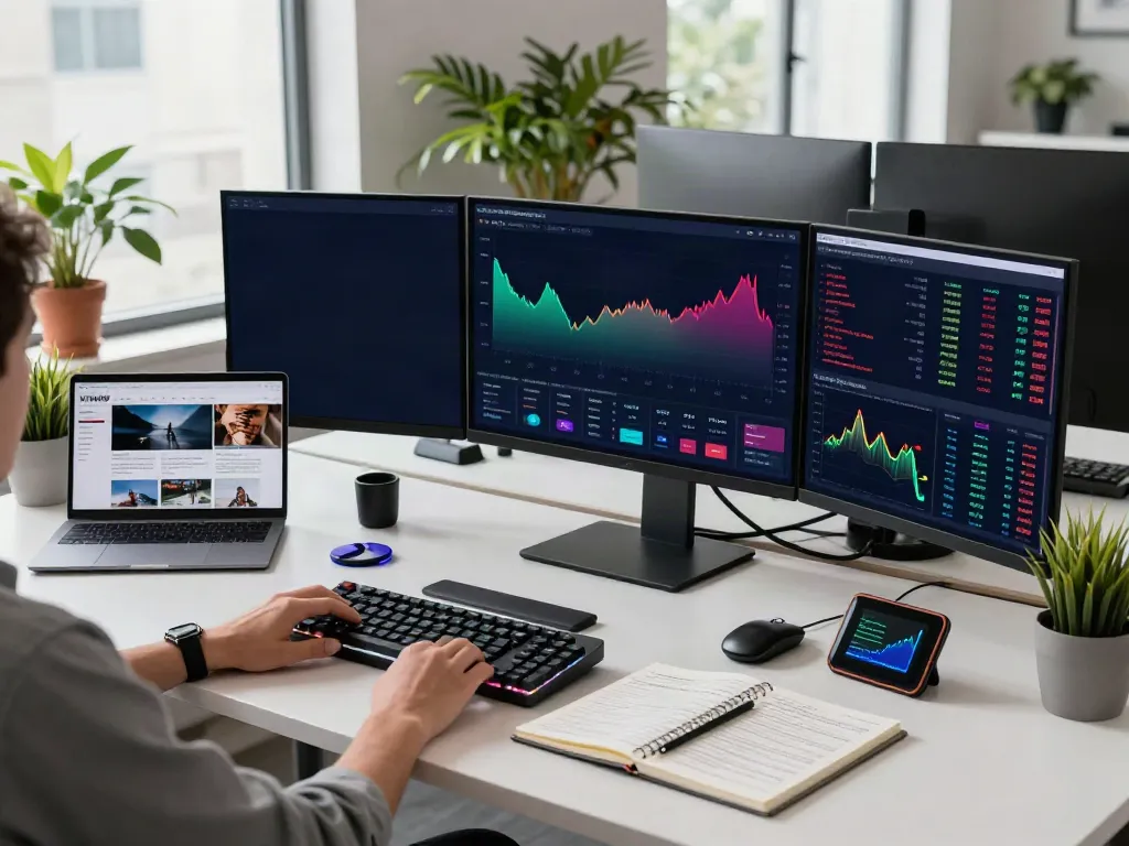 Tokyo Stock Exchange data API interface on multiple monitors in a modern trading workspace, surrounded by advanced tech tools and stylish decor.