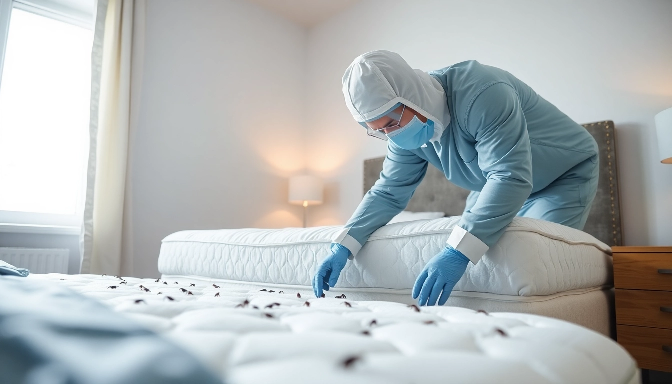 Efficient bed bug extermination near me with a professional inspecting a mattress.