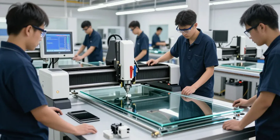 Technicians using cutting machine glass in a modern glass processing workshop.