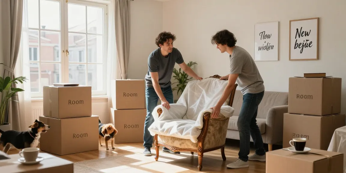 Moving companies in vinice help families transition smoothly, as professionals pack vintage furniture in a cozy living room.