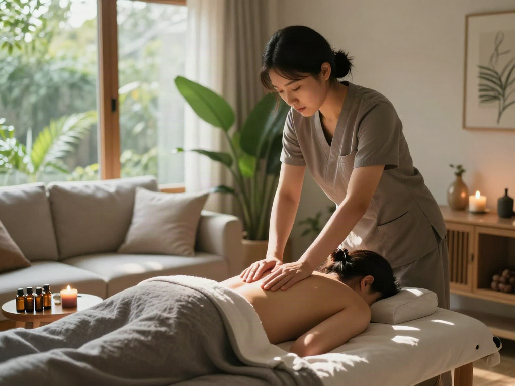 Relaxing 양주출장마사지 session with a therapist and client in a cozy home setting.