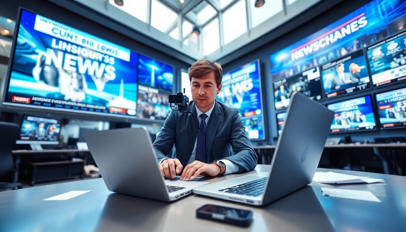 A journalist covering breaking news in a high-tech newsroom.