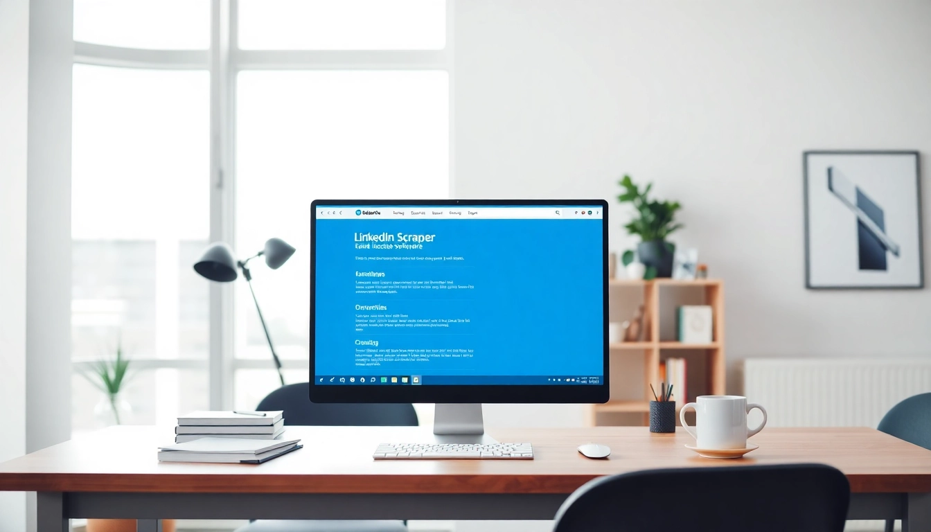 Actively using a linkedin email scraper tool displayed on a computer screen in a modern office.
