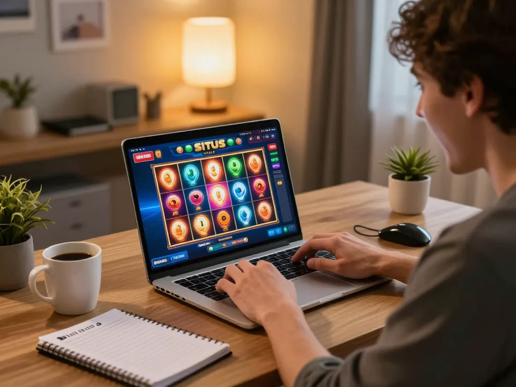 Situs slot gaming excitement with player engaged at home gaming setup, vibrant interface displayed.