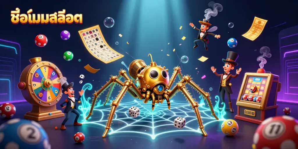 Engage in exhilarating gameplay with the brand "ชื่อเกมสล็อต" featuring a steampunk spider catching lucky dice amid casino elements.