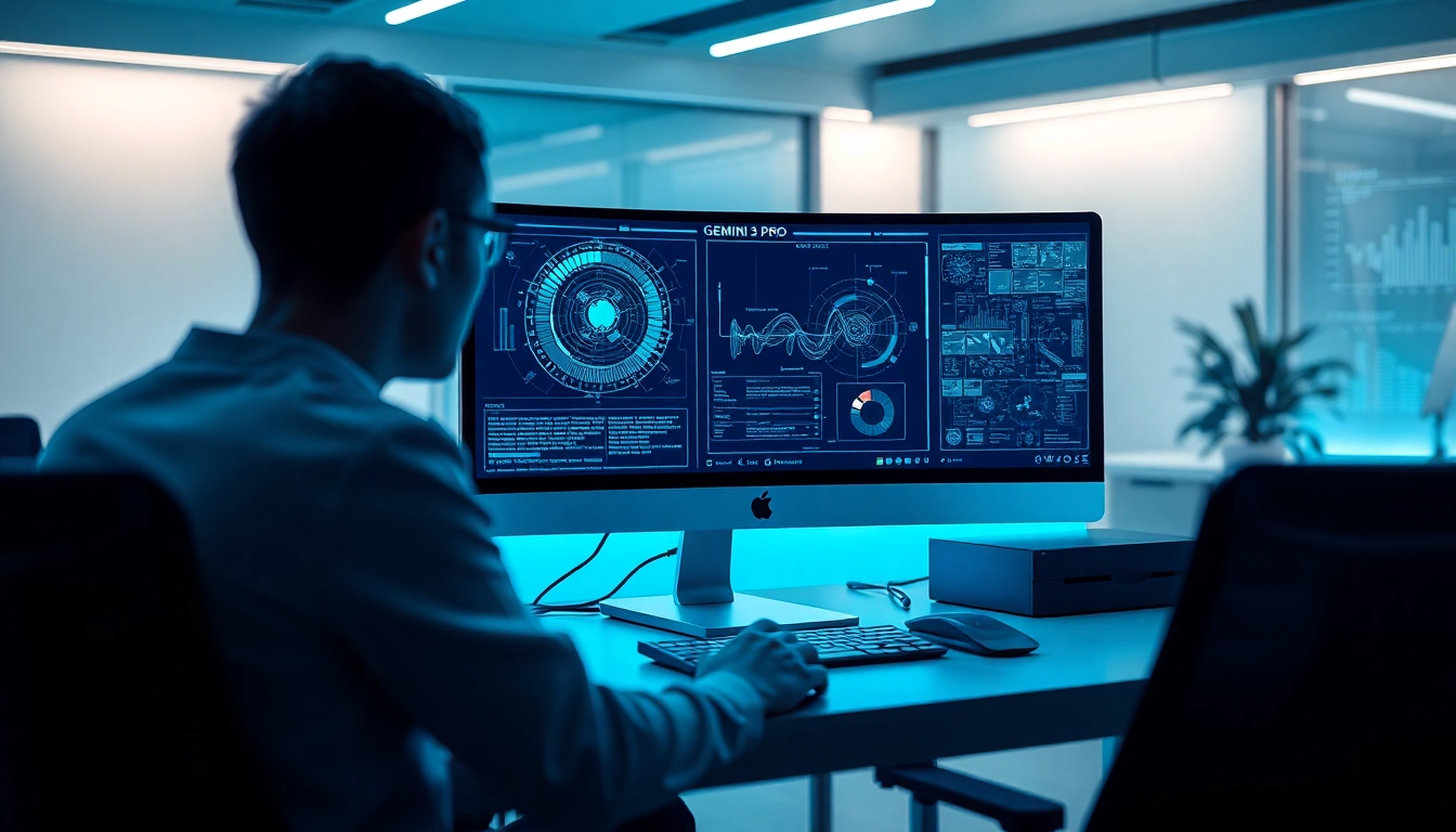 Experience the advanced capabilities of Gemini 3 Pro with a futuristic workspace showcasing innovation and technology.