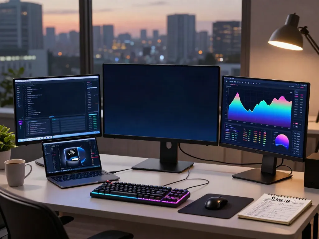 Durov2 Kick stream trading set up in an urban workspace with multiple screens showing real-time cryptocurrency data, innovative technology, and stylish decor.