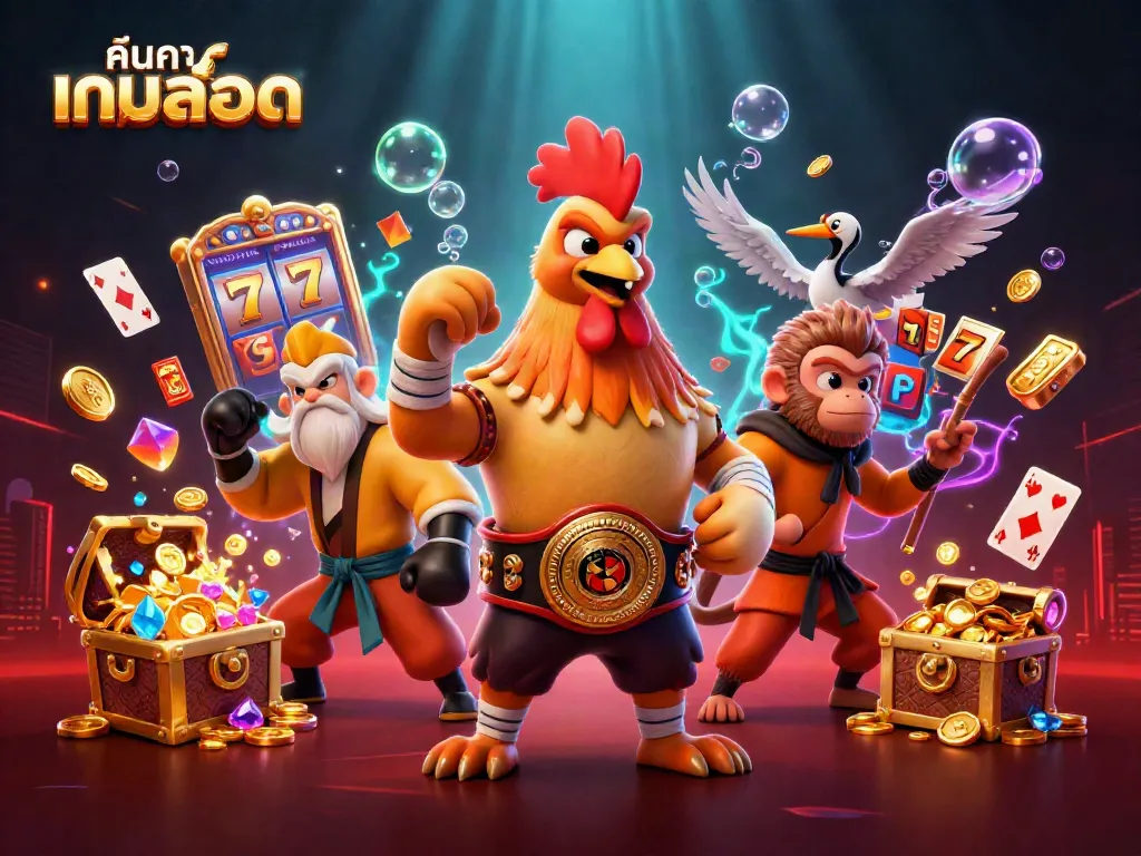 Engage with the slots world while searching for เกมสล็อต amidst a vibrant 3D festive scene.