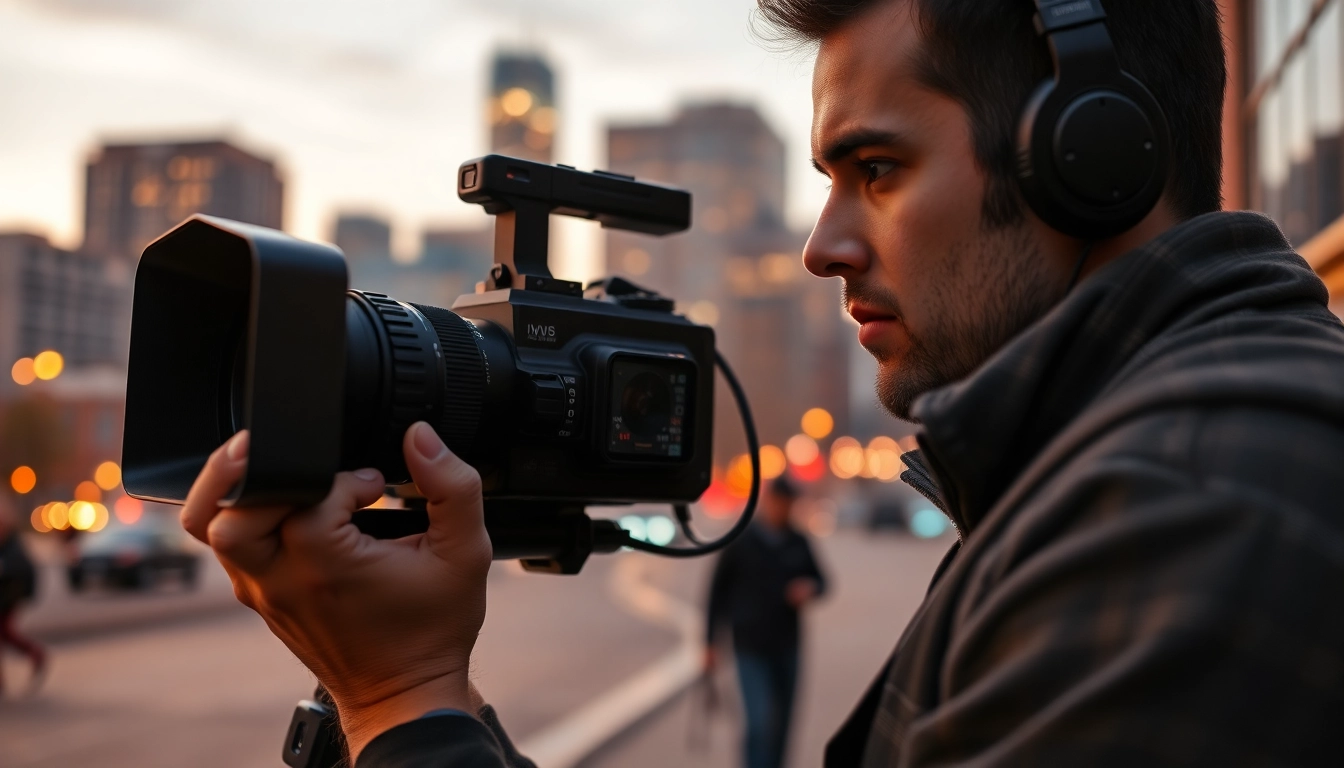 Edmonton videographer capturing cinematic moments against a vibrant city skyline.