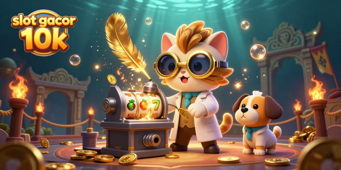 Engage with slot gacor 10k in this richly detailed scene featuring a mad scientist cat and lab assistant in a casino-inspired environment.