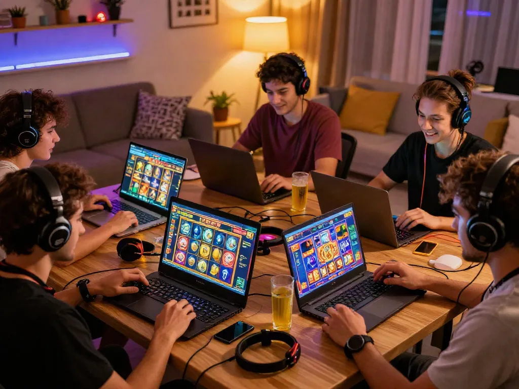 Engaging group playing slot game online with vibrant graphics and social interaction.
