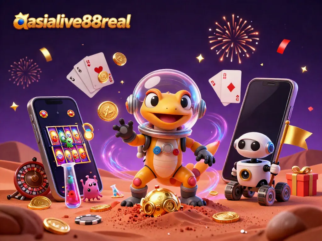 Experience the excitement of asialive88real with a joyful Martian gecko discovering a golden casino adventure.