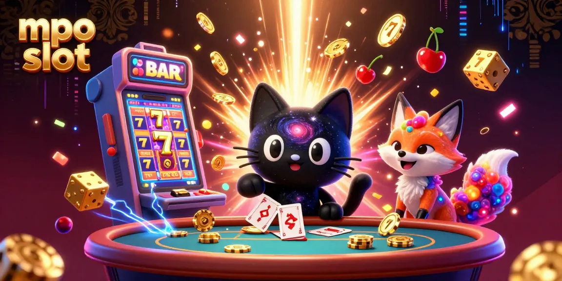 Engage with mpo slot's captivating cosmic casino scene featuring a black hole cat and colorful elements.