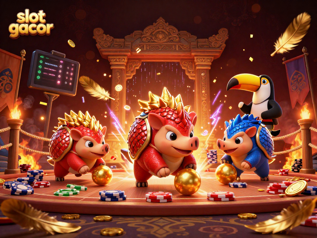 Experience thrilling action with slot gacor in a vibrant arena featuring duel pangolins, poker chips, and confetti.