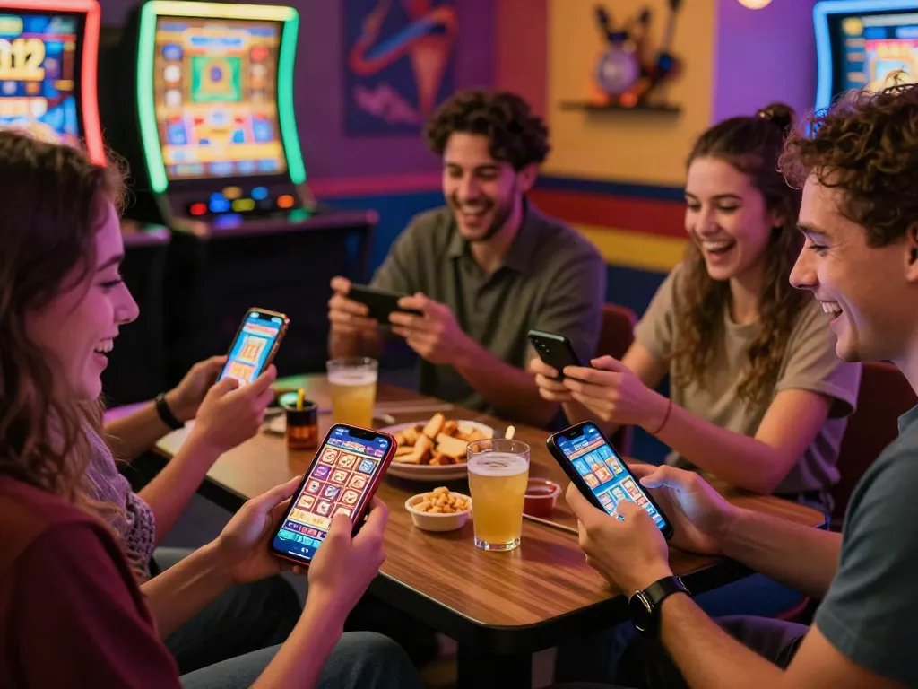 Exciting luxury12 slot gaming scene with friends in a cozy environment.