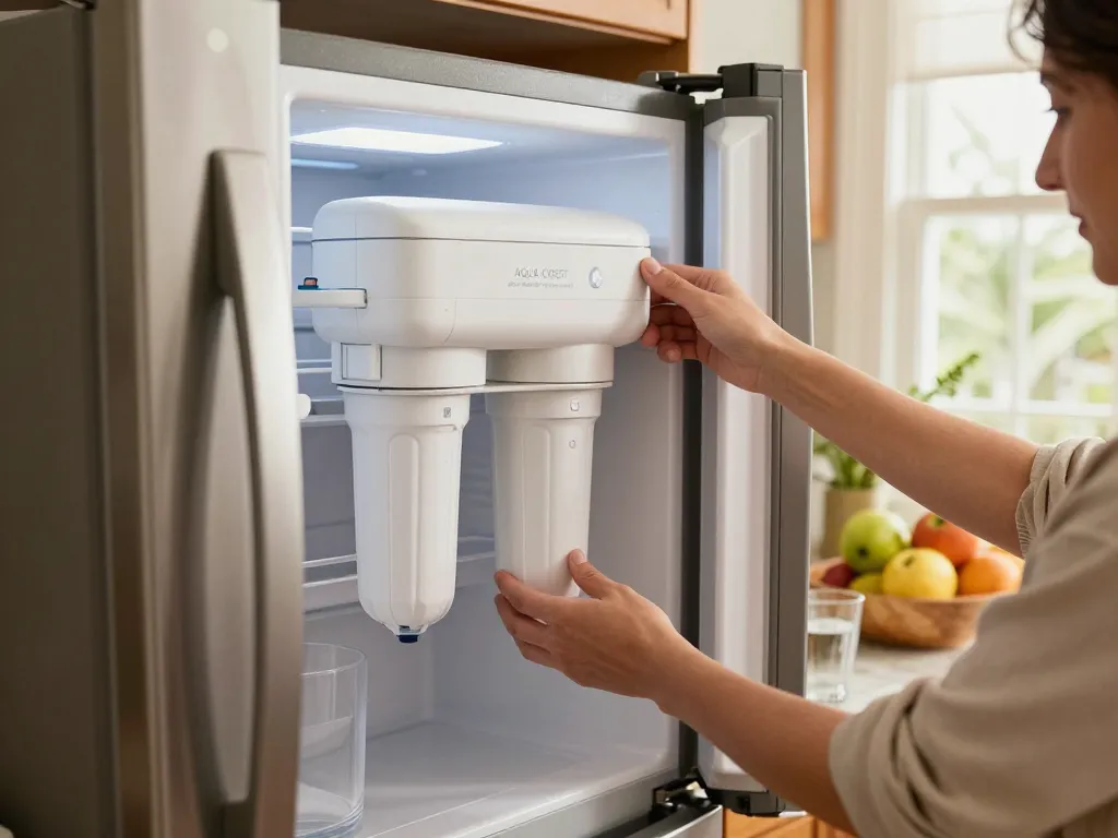 AQUA CREST AQF-FF13 Replacement for GE® SmartWater® MWF® water filter installation in a cozy kitchen