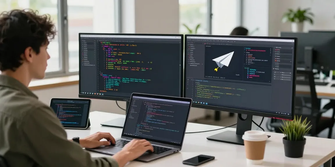 Developer coding for 纸飞机中文版 app at a modern workspace with dual monitors and natural light.