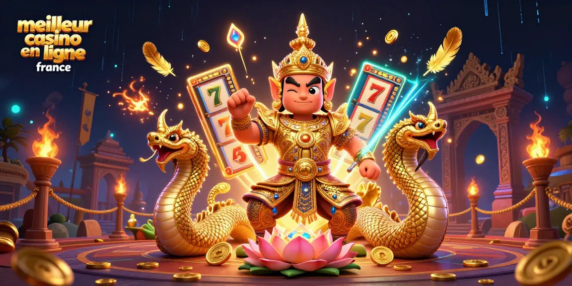 Participez à l'excitation du meilleur casino en ligne en France avec des éléments dorés captivants et des symboles de jeu dynamiques.