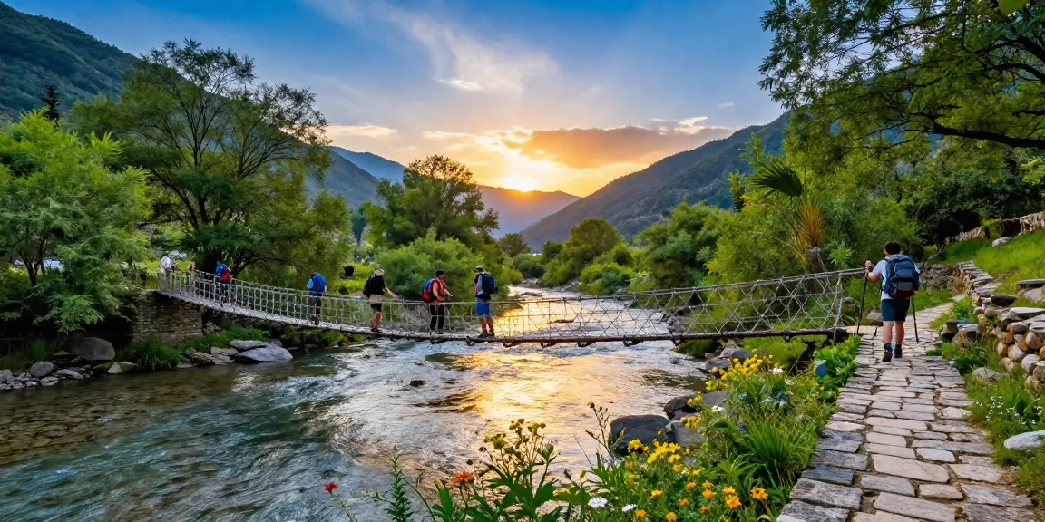 A stunning River Rope Bridge crossing a lush valley, hikers enjoying the scenic adventure.
