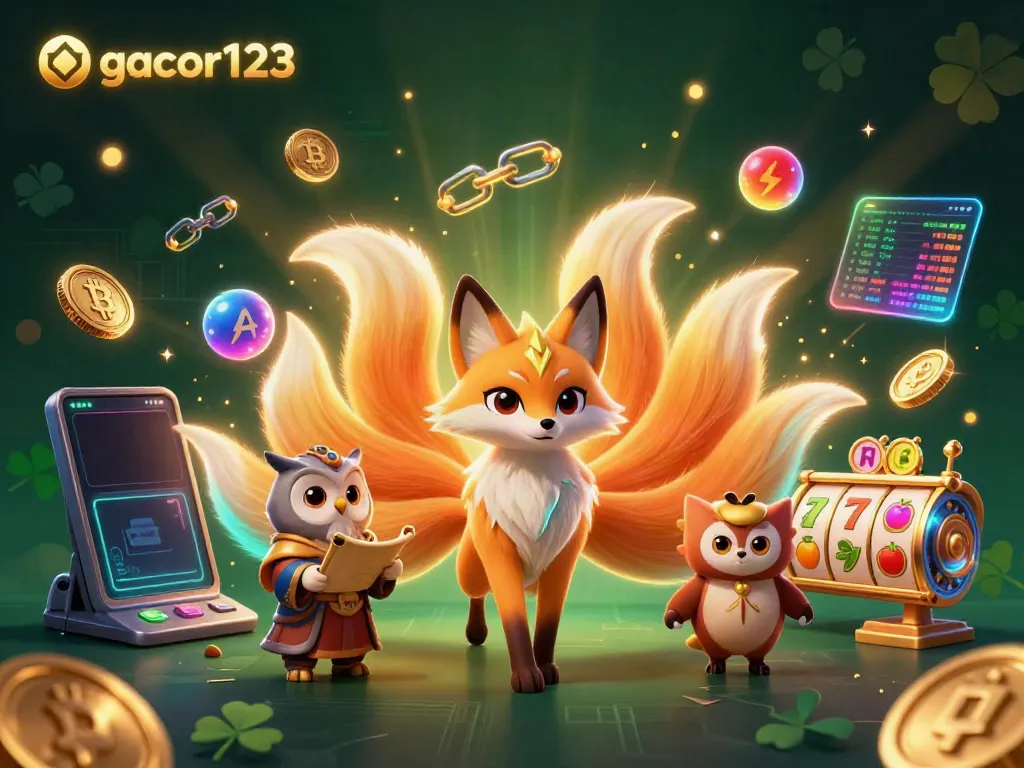 Engage in thrilling gaming with gacor123, showcasing vibrant casino elements and characters.
