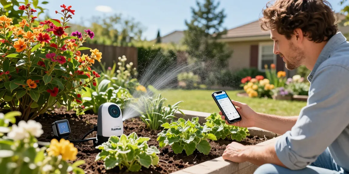 Homeowner using RainPoint automatic watering system in a vibrant garden, showing healthy plants and soil moisture sensors.