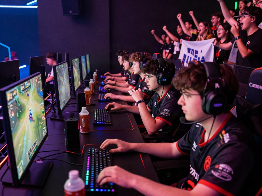 Intense eSports tournament featuring bro138 link alternatif gaming teams competing in a vibrant arena.