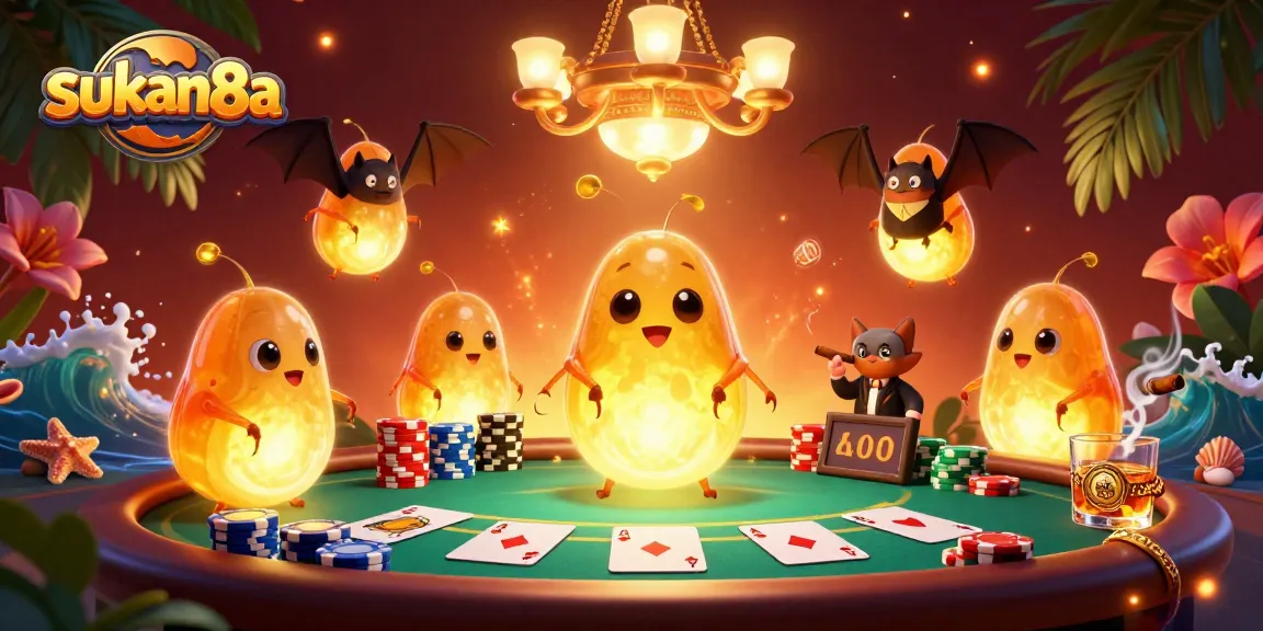 Sukan8a showcases a vibrant casino scene with glowworms illuminating a poker table for an engaging gambling experience.