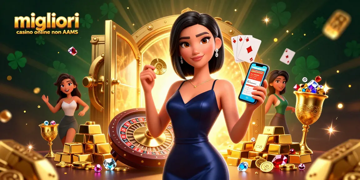 Interagisci con i migliori casino online non AAMS attraverso un'illustrazione 3D vibrante che cattura una donna sicura di sé mentre gode di un'esperienza di casinò moderna.