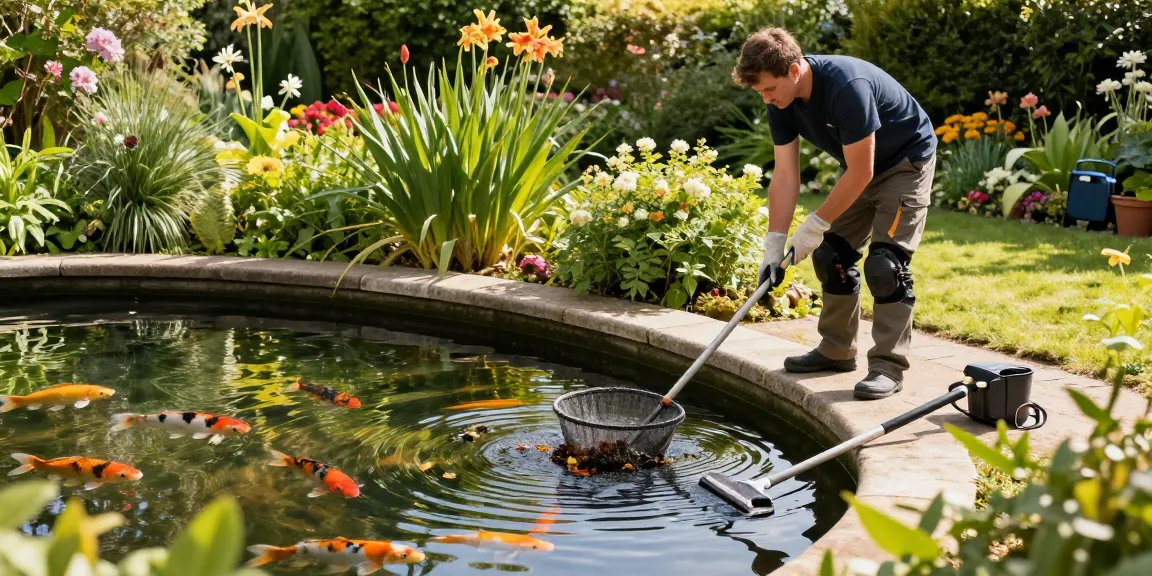 Professional Pond Cleaning London expert cleaning a vibrant garden pond surrounded by greenery.