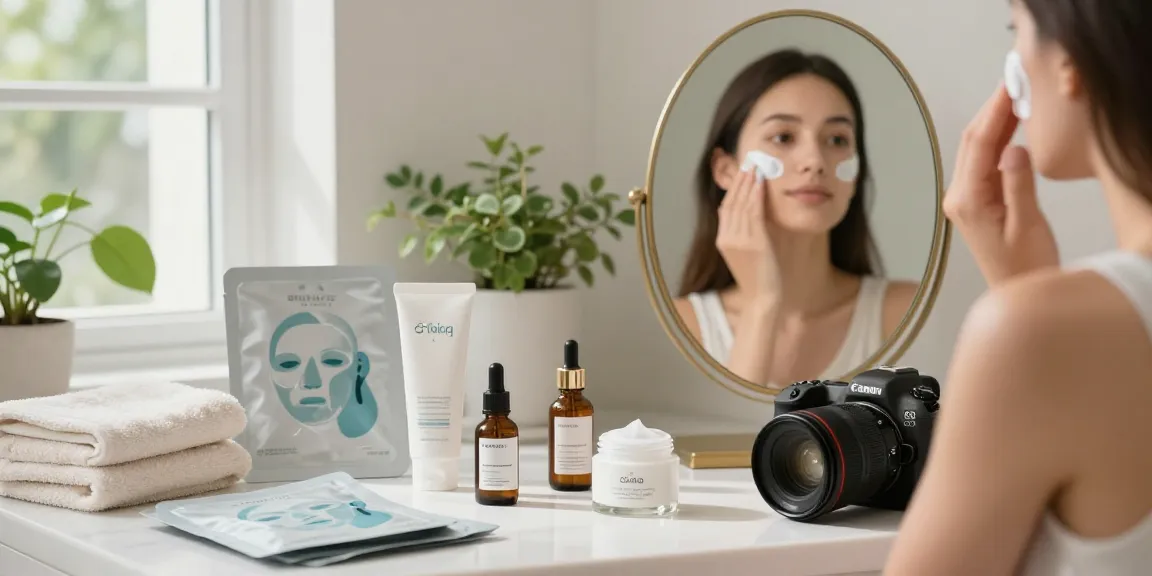 Aplicarea cremei hidratante pentru față într-o baie liniștită cu produse de îngrijire a pielii frumoase și lumină naturală.