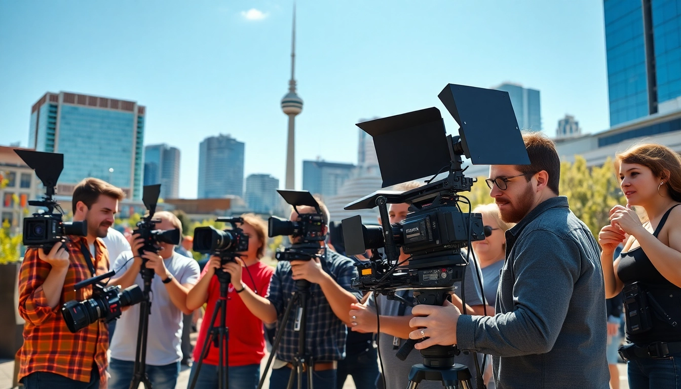 Edmonton production companies capturing vibrant city scenes with a professional film crew.