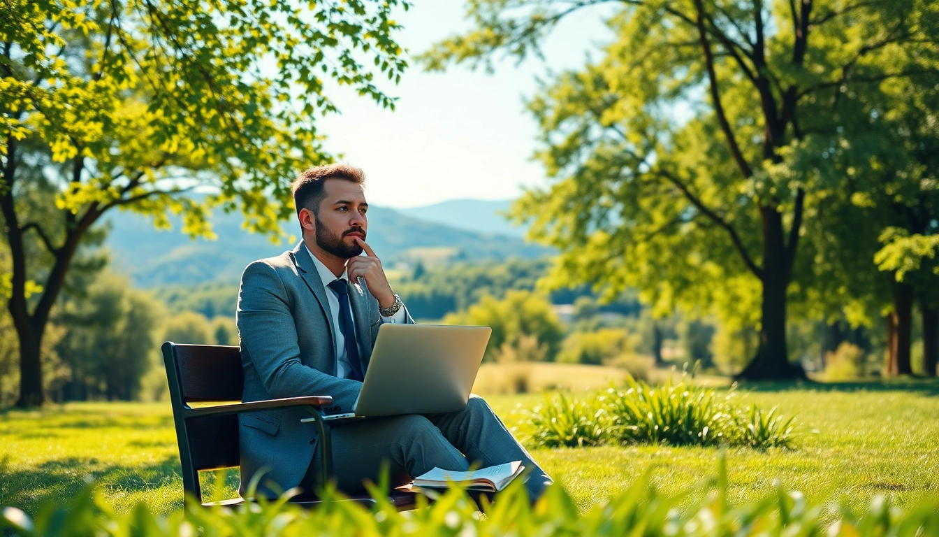 Find my true calling while reflecting in a serene outdoor setting with a laptop and notebook.
