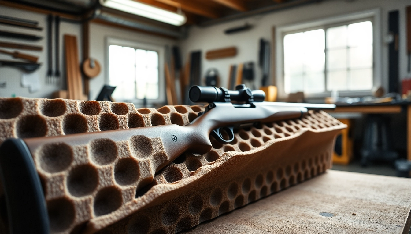 Secure foam for rifle case with custom fittings showcased in a workshop setting.
