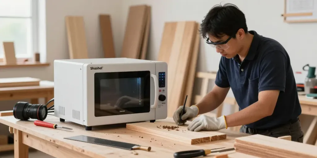 SHASHEL® microwave technology in action eliminating wood-boring insects in a clean workshop.