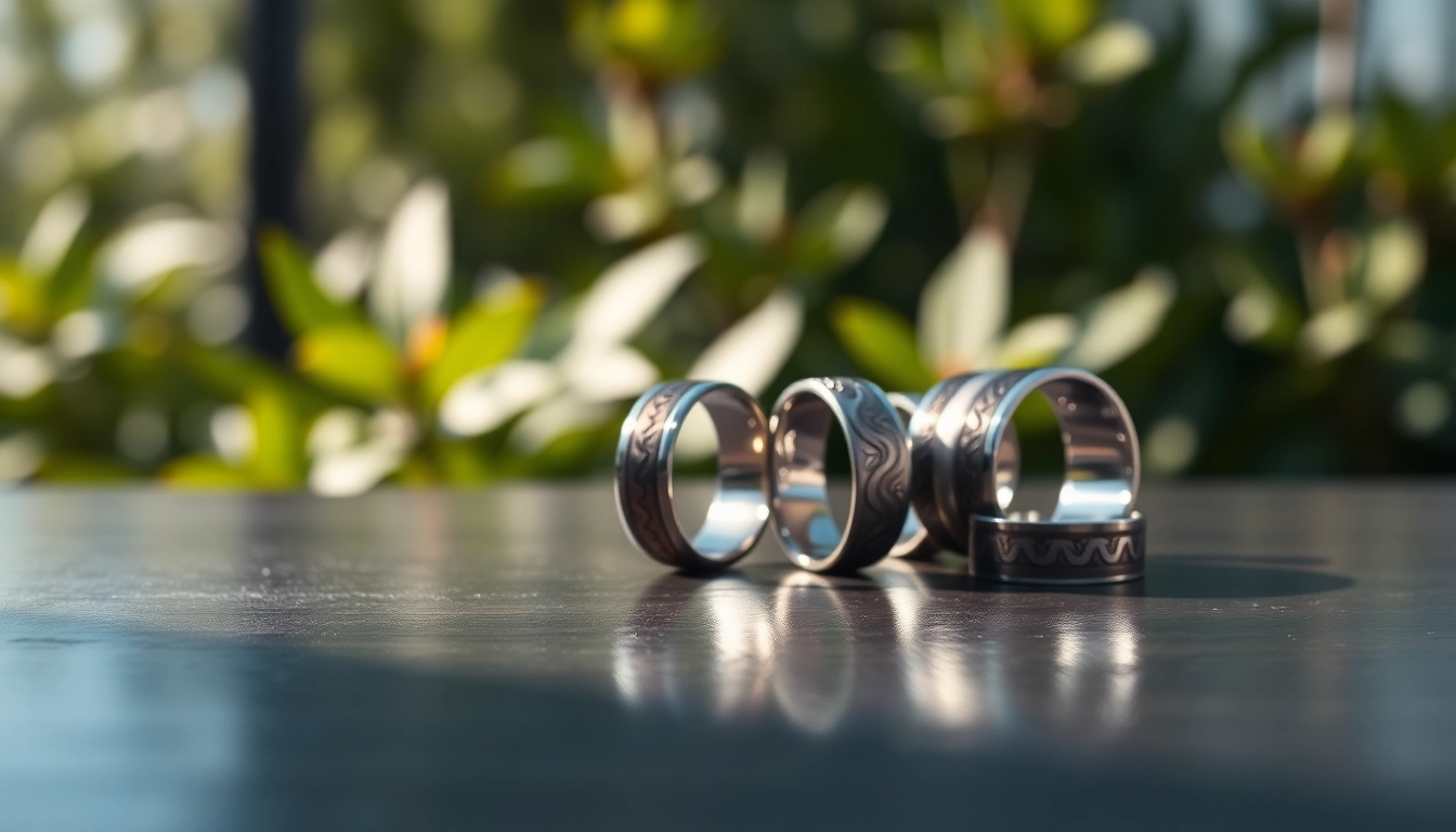 Tungsten rings displayed on a polished wooden surface highlighting their unique designs.