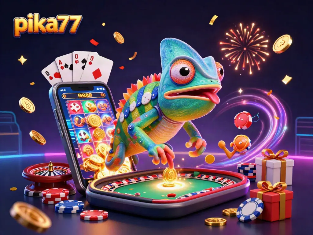 Engage with exciting games at pika77, featuring a vibrant chameleon casino owner amidst colorful slots and poker elements.