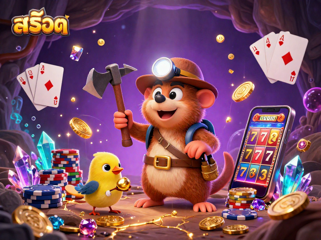 Engage with exciting สล็อต gameplay illustrated through a treasure hunter mole and vibrant casino elements.