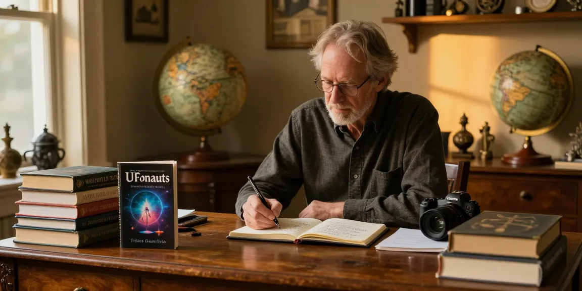 T Allen Greenfield at his desk surrounded by books and notes about UFOnauts, insights at https://tallengreenfield.com.