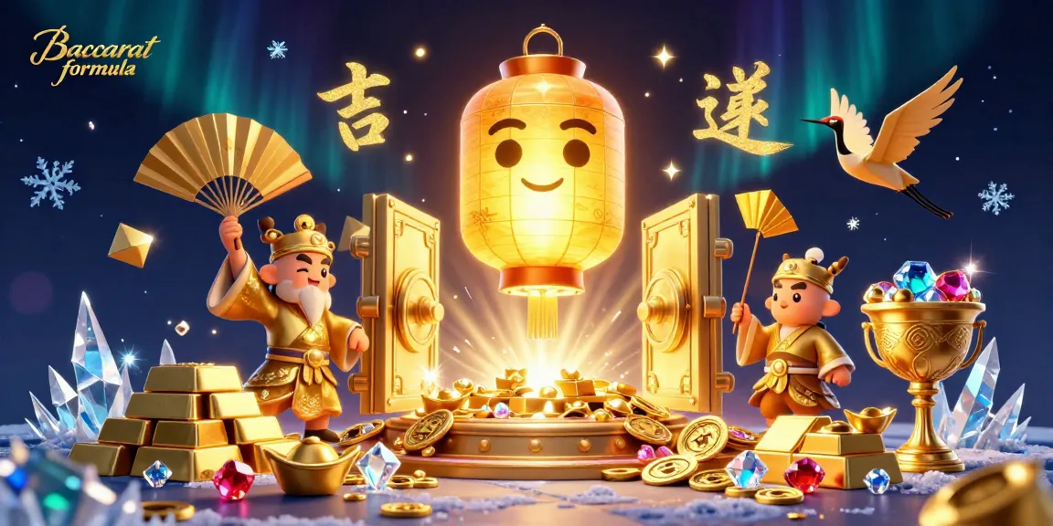 Play and win with Baccarat formula in a dynamic casino scene, featuring golden aesthetics and spirited characters.