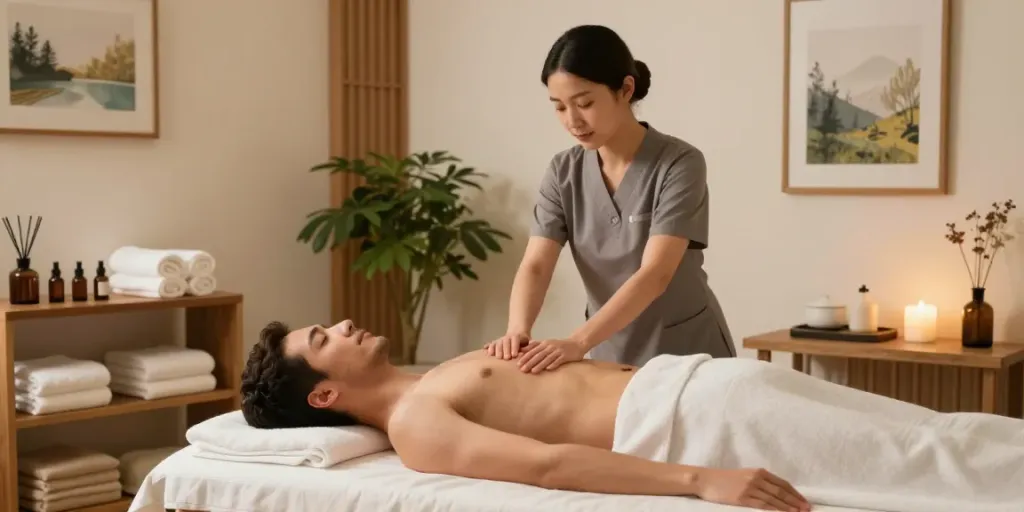 충주op 마사지를 받으며 편안한 분위기의 치료 공간에서 휴식을 취하는 남성 고객.