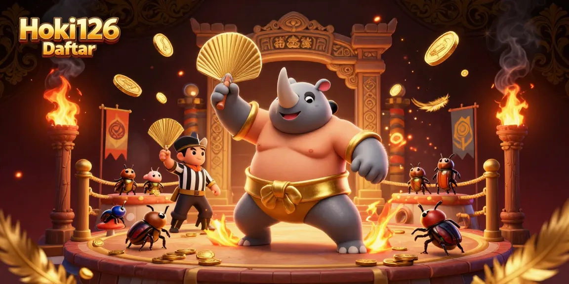 Experience thrilling wins with Hoki126 Daftar, featuring a powerful beetle sumo battle amidst golden coins and vibrant colors.